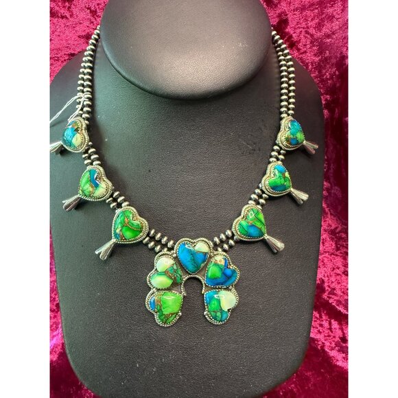 Peacock Dahlia Turquoise Naja & Hearts Sterling Desert Pearls Squash Blossom - Picture 1 of 4
